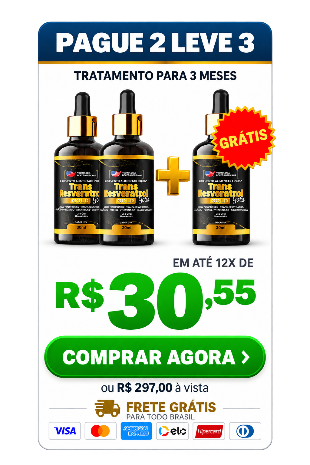 Kit pague 2 leve 3, com preço, condições de pagamento e botão Comprar agora na própria imagem